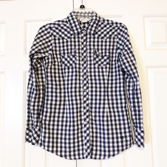 Ariat Tops - Ariat western style dark blue white checkered fitted long sleeve button fron top